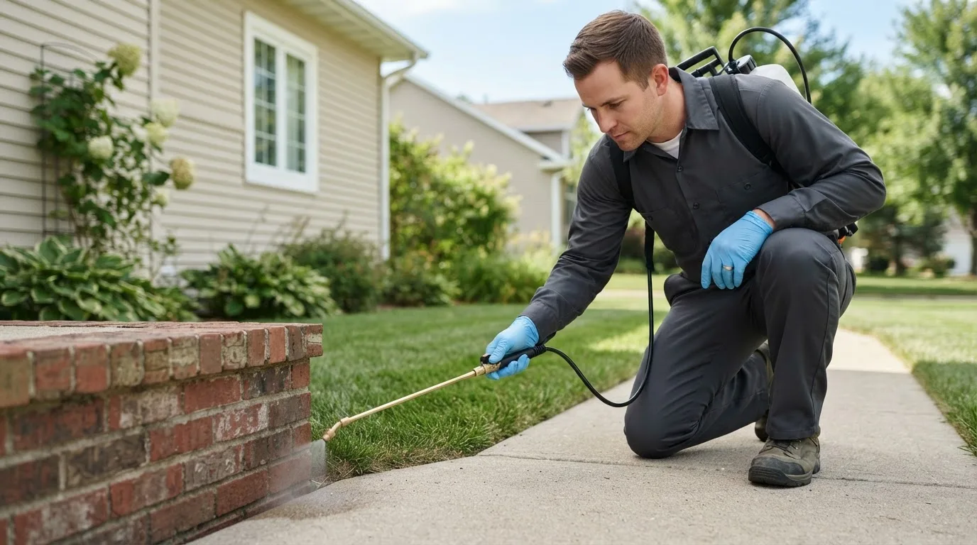 Pest control technician treating a home near Newark Valley, NY